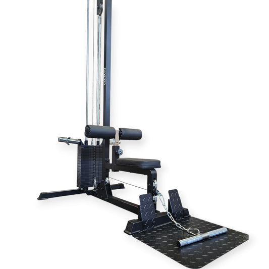 Dettaglio pacco pesi a colonna e perni olimpionici per dischi da 50mm Lat Machine Cozzo Strength, sistema di scorrimento ultra-fluido per allenamento schiena.