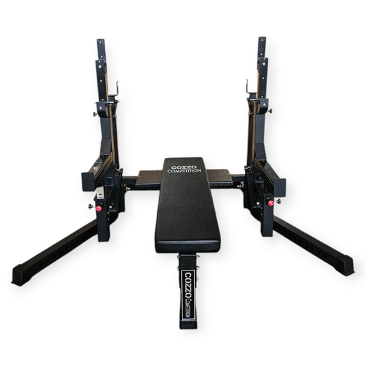 Dettaglio rulli in acciaio e bracci regolabili Combo Rack Cozzo Strength, sistema a leva per cambio altezza bilanciere e pin di sicurezza telescopici.