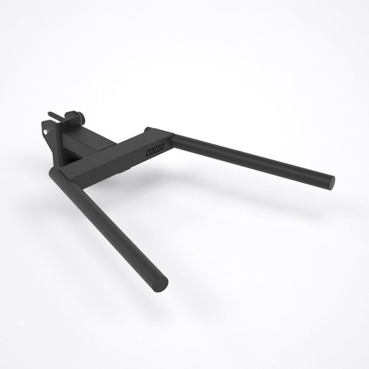 Accessorio Dip Corna di Toro Pro Elite Cozzo Strength Equipment per montanti 75x75 mm, sistema a doppio pin 16mm e parallele zigrinate super grip.