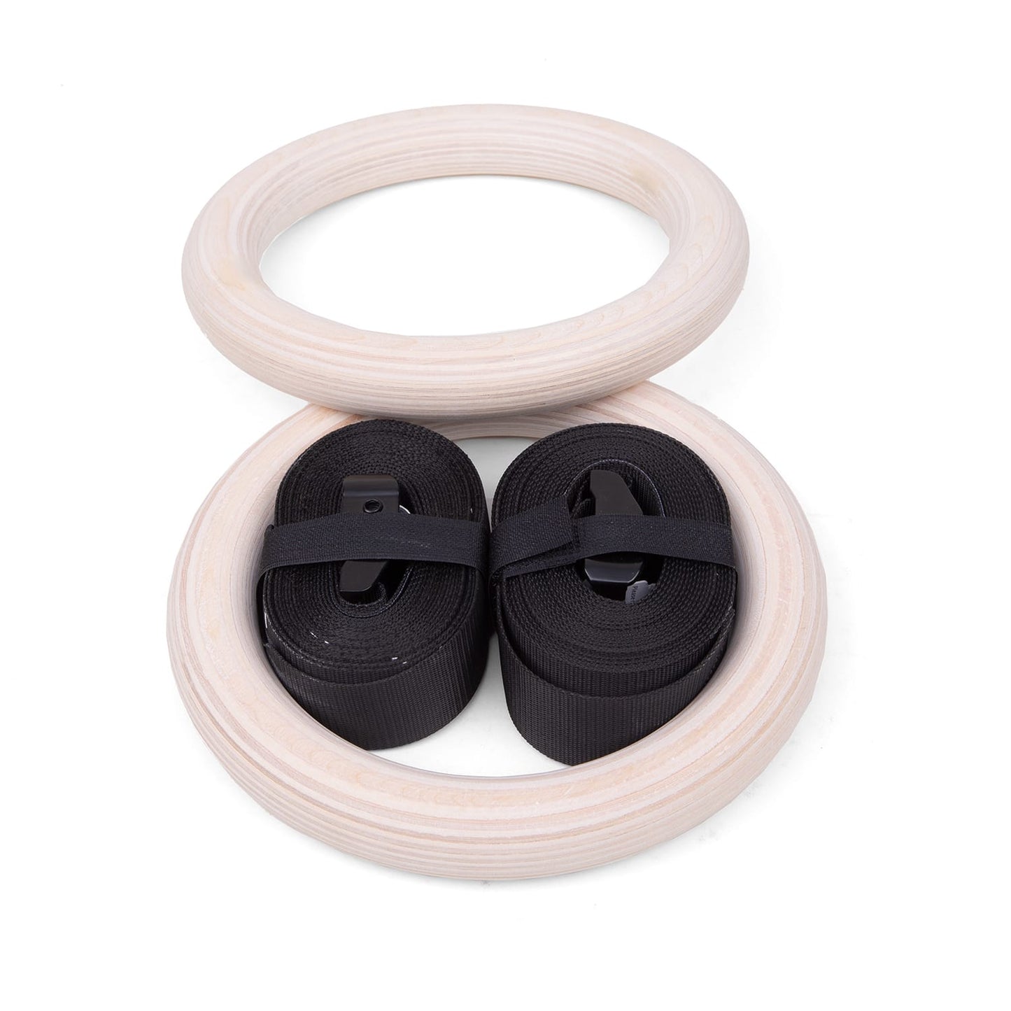 Coppia di Anelli in Legno PRO Cozzo Strength 32mm con cinghie graduate e fibbie in acciaio, kit professionale per ginnastica, calisthenics e allenamento funzionale.