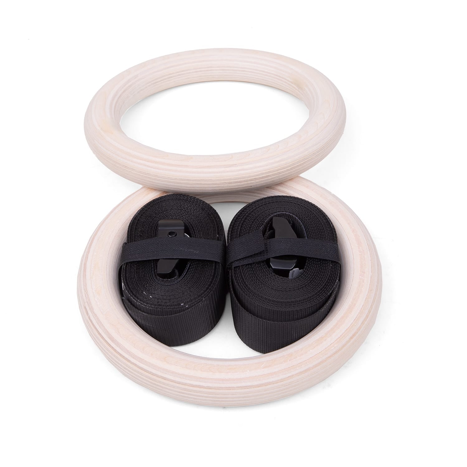 Coppia di Anelli in Legno PRO Cozzo Strength 32mm con cinghie graduate e fibbie in acciaio, kit professionale per ginnastica, calisthenics e allenamento funzionale.