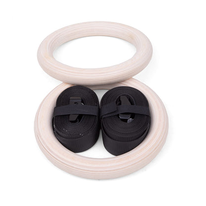 Coppia di Anelli in Legno PRO Cozzo Strength 32mm con cinghie graduate e fibbie in acciaio, kit professionale per ginnastica, calisthenics e allenamento funzionale.