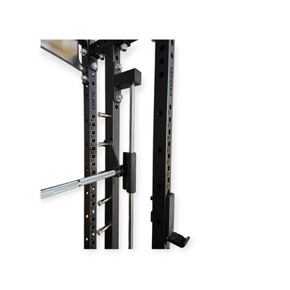 Dettaglio cuscinetti a sfera lineari e ganci di sicurezza regolabili Smith Machine PRO Cozzo Strength, sistema di scorrimento ultra-silenzioso per allenamento in sicurezza.