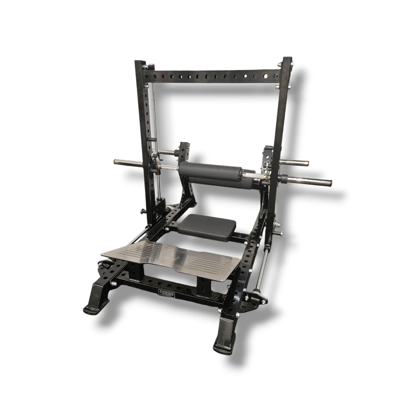 Dettaglio guide cromate e ganci di sicurezza Smith Machine per Hip Thrust Cozzo Strength, scorrimento fluido su cuscinetti e imbottitura dello schienale ad alta densità.