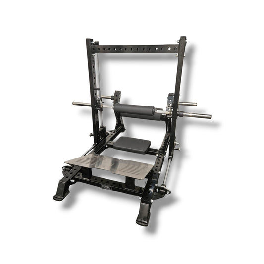 Dettaglio guide cromate e ganci di sicurezza Smith Machine per Hip Thrust Cozzo Strength, scorrimento fluido su cuscinetti e imbottitura dello schienale ad alta densità.