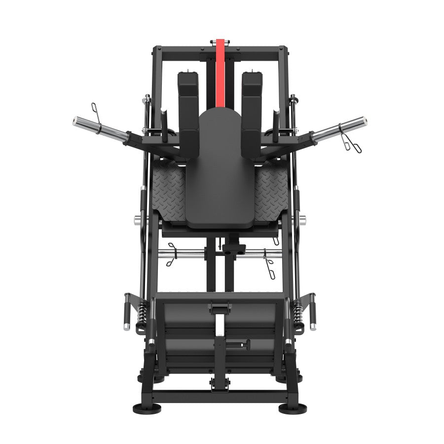 Dettaglio guide in acciaio pieno e cuscinetti lineari Leg Press PRO Cozzo Strength, sistema di bloccaggio di sicurezza a più livelli e pedana antiscivolo regolabile.