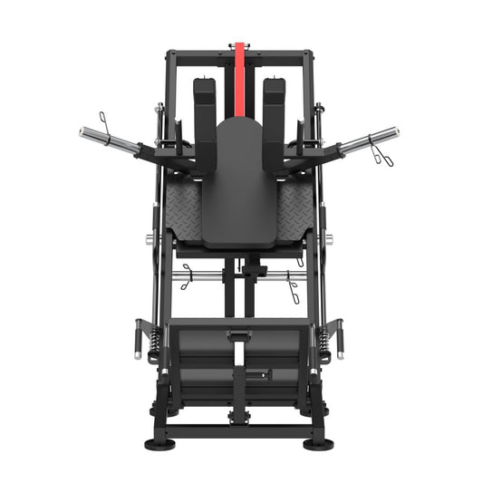 Dettaglio guide in acciaio pieno e cuscinetti lineari Leg Press PRO Cozzo Strength, sistema di bloccaggio di sicurezza a più livelli e pedana antiscivolo regolabile.