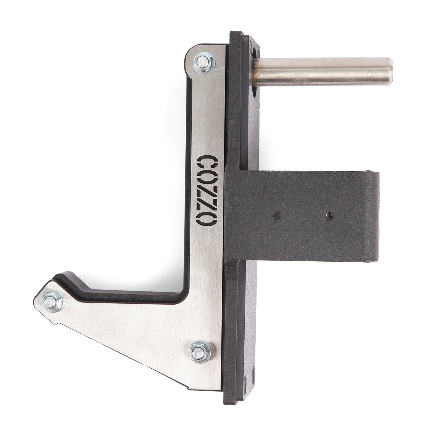 Dettaglio inserto in nylon ad alta densità e rivestimento protettivo posteriore J-Hook 2.0 Cozzo Strength, design antigraffio per preservare il bilanciere e la verniciatura del Rack.
