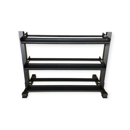 Dettaglio ripiani inclinati e bordi di sicurezza Rastrelliera Cozzo Strength, rastrelliera per manubri gommati o esagonali con design ergonomico e finitura antigraffio.