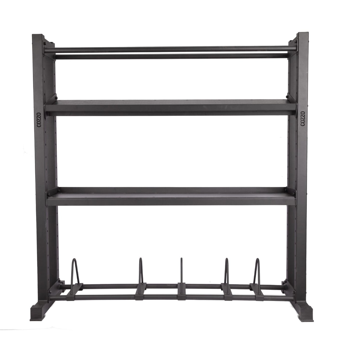 Dettaglio ripiani rinforzati per carichi pesanti Rastrelliera Multifunzione Cozzo Strength, supporto universale con finitura antigraffio e design modulare salvaspazio.
