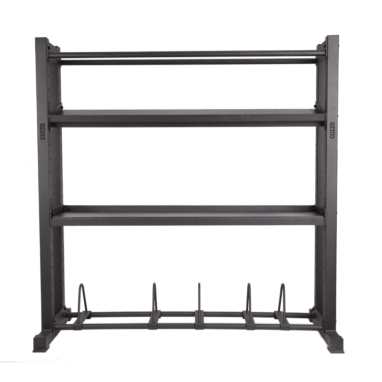 Dettaglio ripiani rinforzati per carichi pesanti Rastrelliera Multifunzione Cozzo Strength, supporto universale con finitura antigraffio e design modulare salvaspazio.