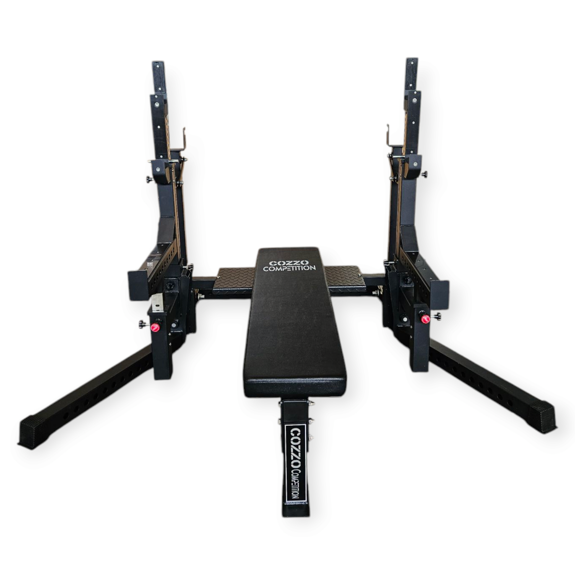 Dettaglio rulli in acciaio e bracci regolabili Combo Rack Cozzo Strength, sistema a leva per cambio altezza bilanciere e pin di sicurezza telescopici.