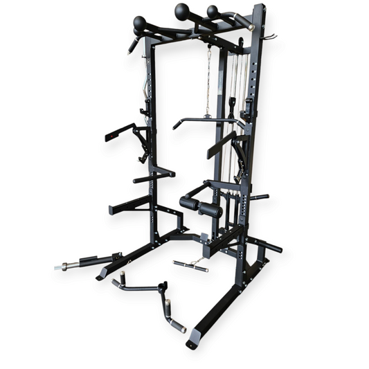 Dettaglio sistema a carrucola fluida e scorrimento Lat Machine Half Rack PRO Cozzo Strength, struttura in acciaio con J-Hooks regolabili e porta dischi integrati.