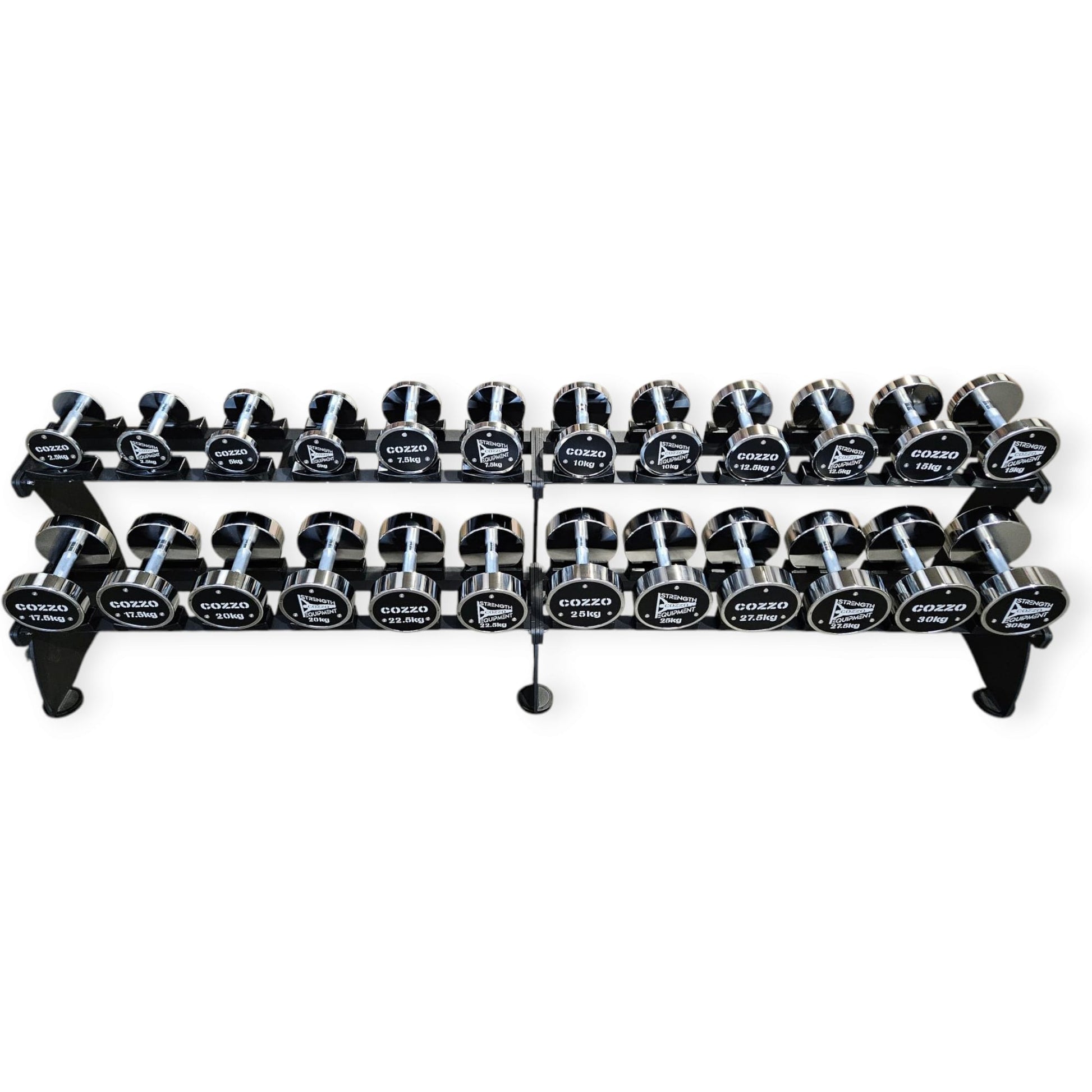 Dettaglio stoccaggio ordinato 12 coppie manubri cromati su rack Cozzo Strength - Design Salvaspazio per Home Gym Elite