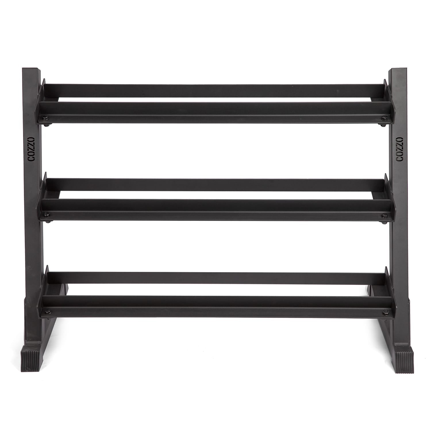 Dettaglio telaio rinforzato e ripiani a culla Rastrelliera PRO Cozzo Strength, rastrelliera porta manubri con verniciatura a polvere nera opaca e basi stabili.