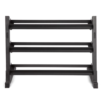 Dettaglio telaio rinforzato e ripiani a culla Rastrelliera PRO Cozzo Strength, rastrelliera porta manubri con verniciatura a polvere nera opaca e basi stabili.