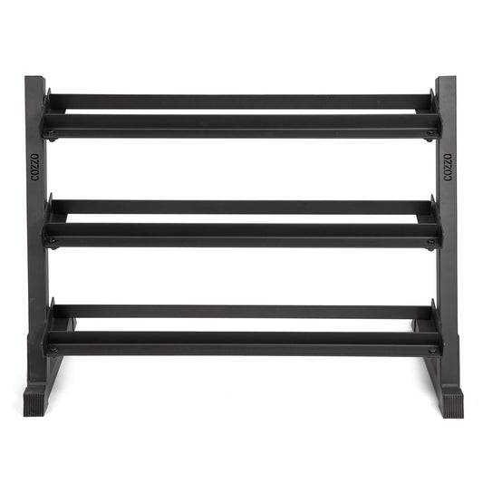 Dettaglio telaio rinforzato e ripiani a culla Rastrelliera PRO Cozzo Strength, rastrelliera porta manubri con verniciatura a polvere nera opaca e basi stabili.