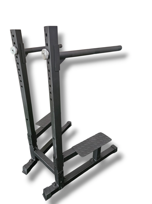 Dip Station Pro Gara Cozzo Strength Equipment, struttura in acciaio nero da 140cm con parallele regolabili e ingombro 1mq."