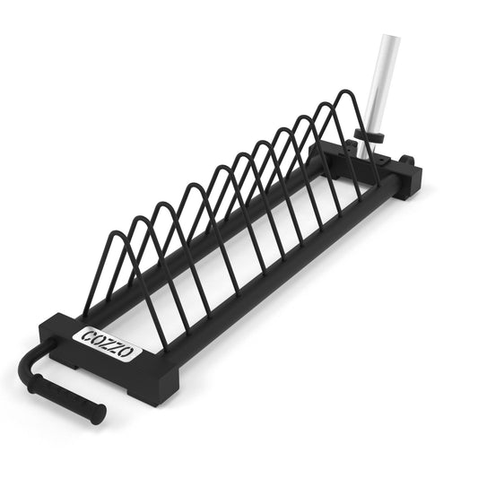 Portadischi orizzontale Cozzo Strength Equipment con maniglia e rotelle per lo spostamento agevole di bumper e dischi in ghisa.