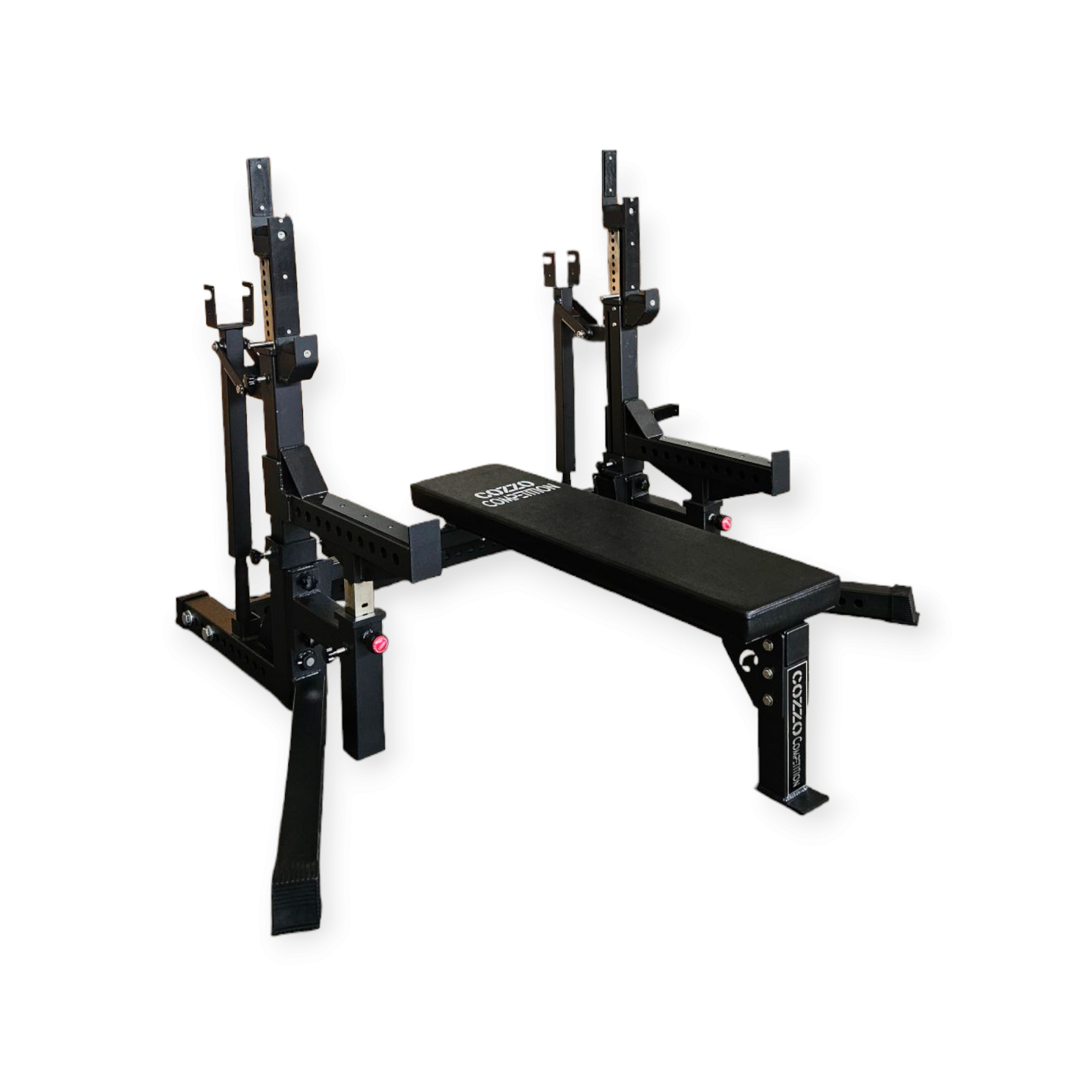 Powerlifting Combo Rack 2 in 1 Cozzo Strength Equipment, stazione professionale da gara per Squat e Panca Piana, design conforme specifiche IPF con leve di sollevamento.