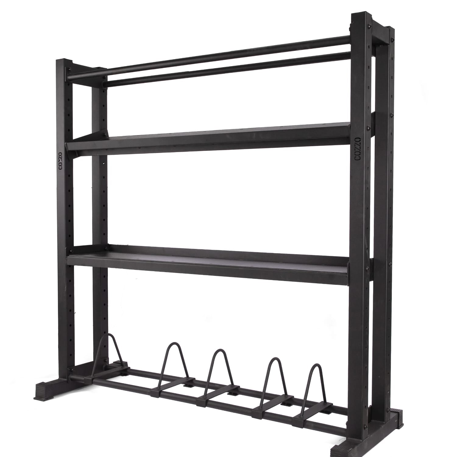 Rastrelliera Multifunzione PRO Cozzo Strength Equipment, scaffale modulare per Kettlebell, Manubri e Med Ball, stazione di stoccaggio universale in acciaio per palestre.