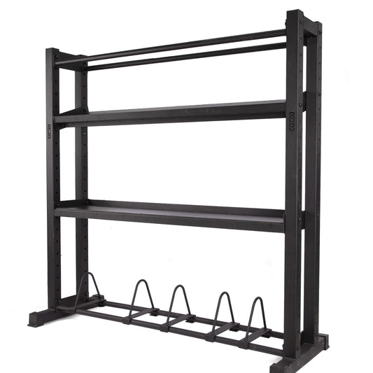 Rastrelliera Multifunzione PRO Cozzo Strength Equipment, scaffale modulare per Kettlebell, Manubri e Med Ball, stazione di stoccaggio universale in acciaio per palestre.