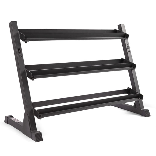 Rastrelliera manubri PRO Cozzo Strength Equipment per 10-12 coppie, supporto professionale in acciaio per manubri esagonali o tondi, ideale per Home Gym e Garage Gym.