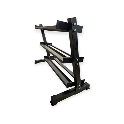 Rastrelliera per manubri ad alta capacità Cozzo Strength Equipment, supporto professionale a 3 ripiani per 14-16 coppie di manubri, struttura in acciaio per palestre e centri fitness