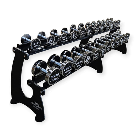 Set Completo Manubri Tondi Cromati Cozzo Strength 2,5kg-30kg con Rastrelliera Professionale a 3 Ripiani