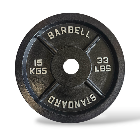 Immagine principale (frontale): Disco in ghisa nera Old School da 50 mm Cozzo Strength Equipment con scritte in rilievo e bordo smussato. 15kg